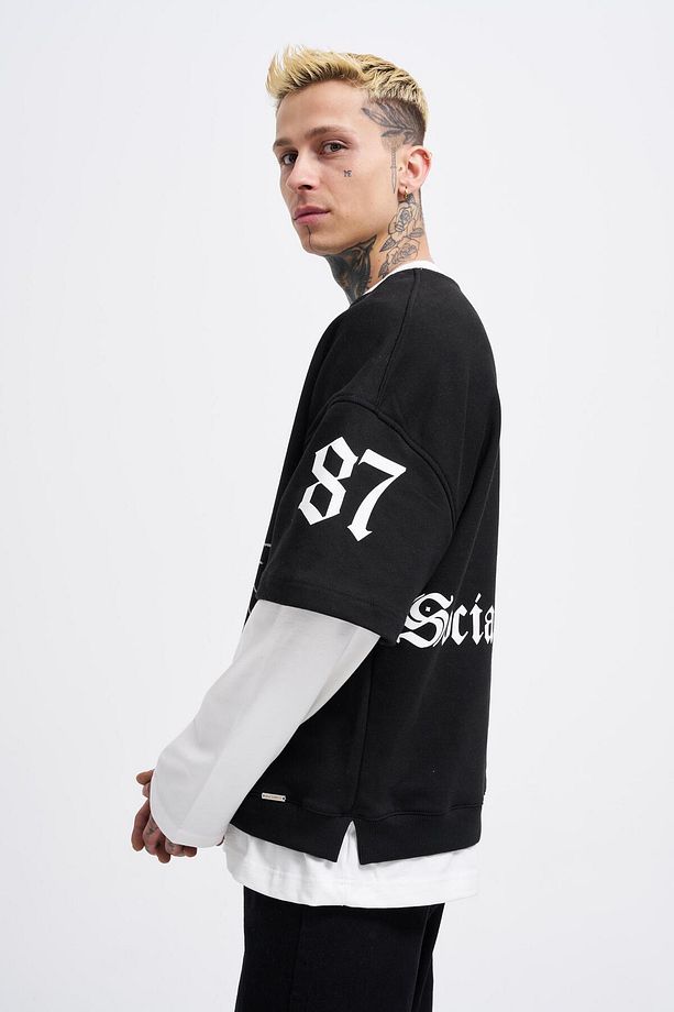 Erkek Contrast Layerd Siyah Ekru Sweatshirt - 5
