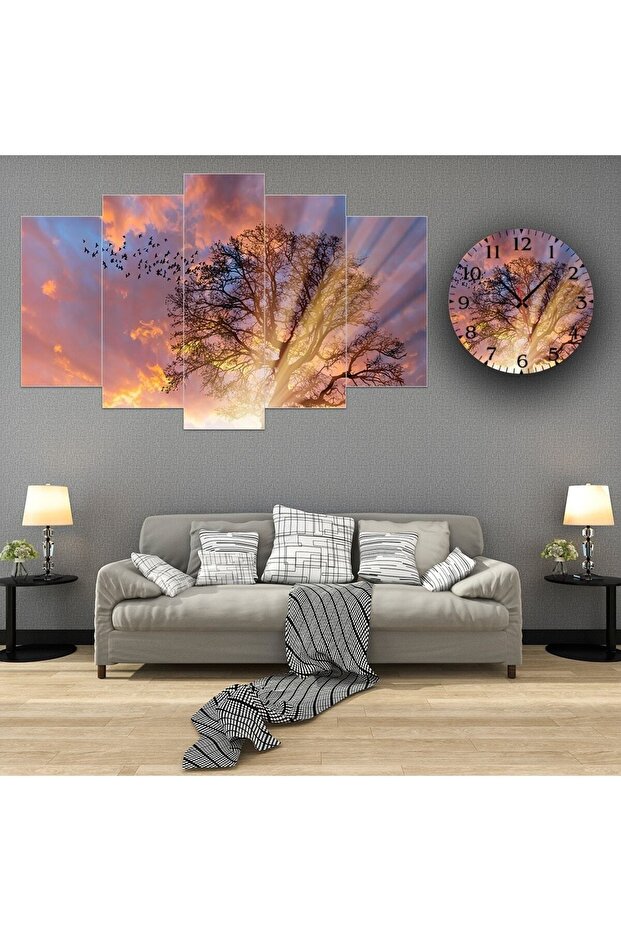 Parçalı Ahşap Duvar Tablo 5 Parça Set Ve Saatli - 1