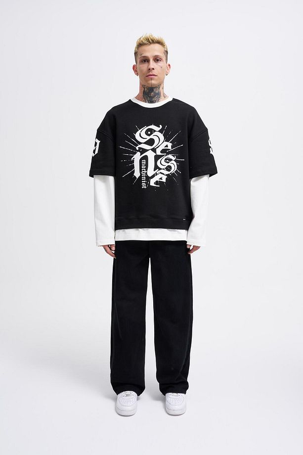 Erkek Contrast Layerd Siyah Ekru Sweatshirt - 1