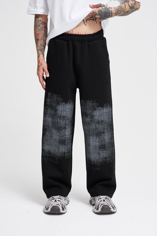 Erkek Distressed Printed Baggy Siyah Eşofman Altı - 1