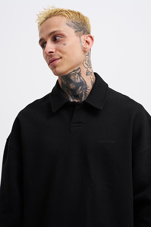 Erkek Basic Diagonal Polo Siyah Sweatshirt - 3