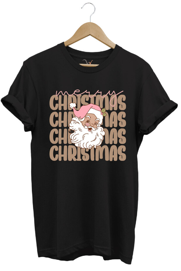 Unisex New Year's New Year Santa Claus Merry Christmas Snow Printed 100% Cotton Regular Fit Black T-Shirt