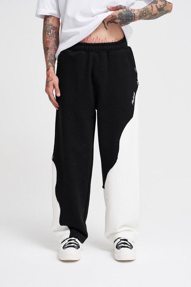 Erkek Distressed Stitch Baggy Siyah Ekru Eşofman Altı - 1