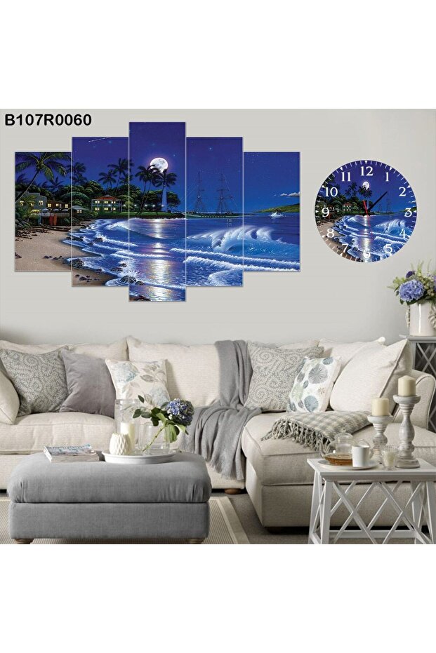 Parçalı Ahşap Duvar Tablo 5 Parça Set Ve Saatli - 1