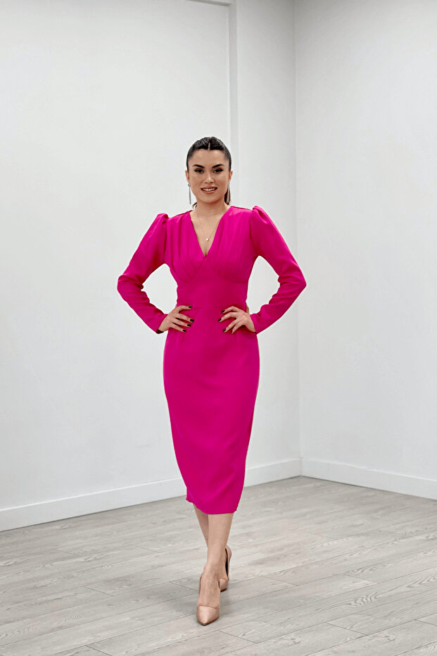 Double Fabric Drawstring Detail Pencil Evening Dress - Fuchia