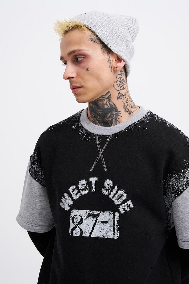 Erkek Double Layer Siyah Sweatshirt - 1