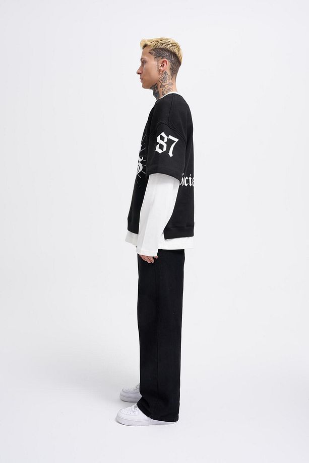 Erkek Contrast Layerd Siyah Ekru Sweatshirt - 2