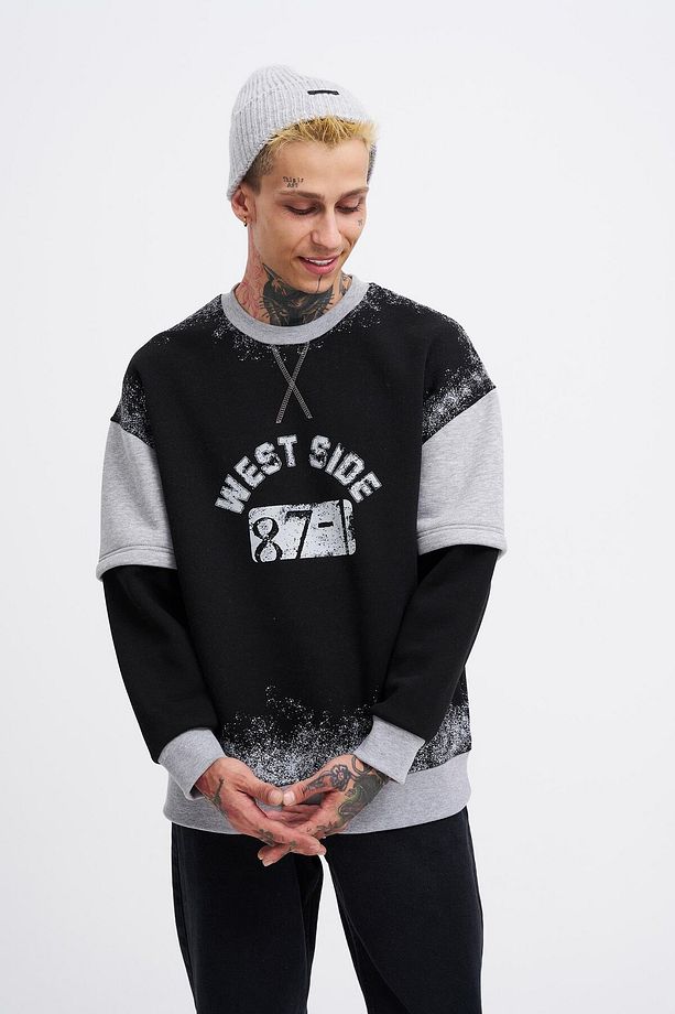 Erkek Double Layer Siyah Sweatshirt - 3