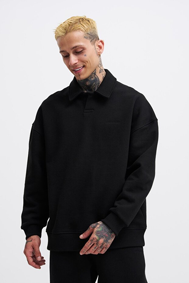 Erkek Basic Diagonal Polo Siyah Sweatshirt - 2