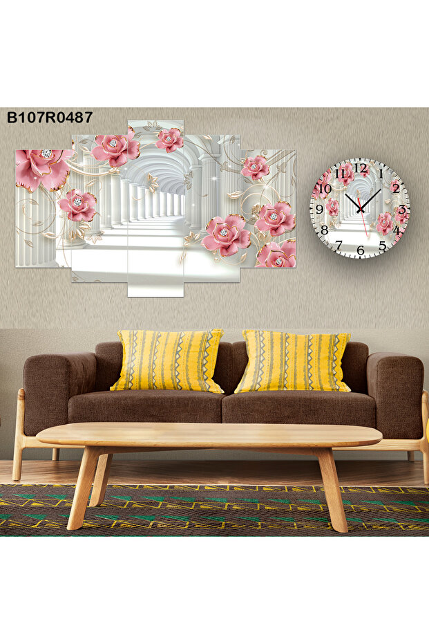 Parçalı Ahşap Duvar Tablo 5 Parça Set Ve saatli - 1