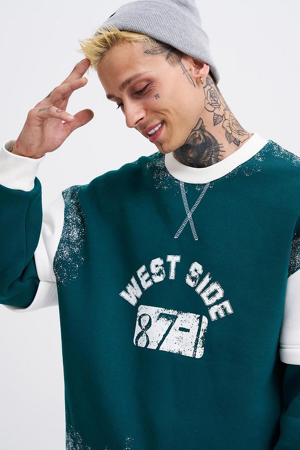 Erkek Double Layer Petrol Yeşili Sweatshirt - 2