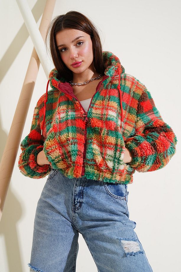 5193 Kapüşonlu Peluş Crop Ceket - Çok Renkli - 1