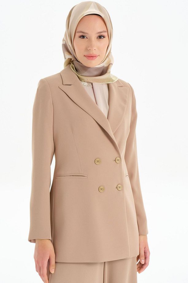 Kruvaze Basic Ceket - Bej - 4