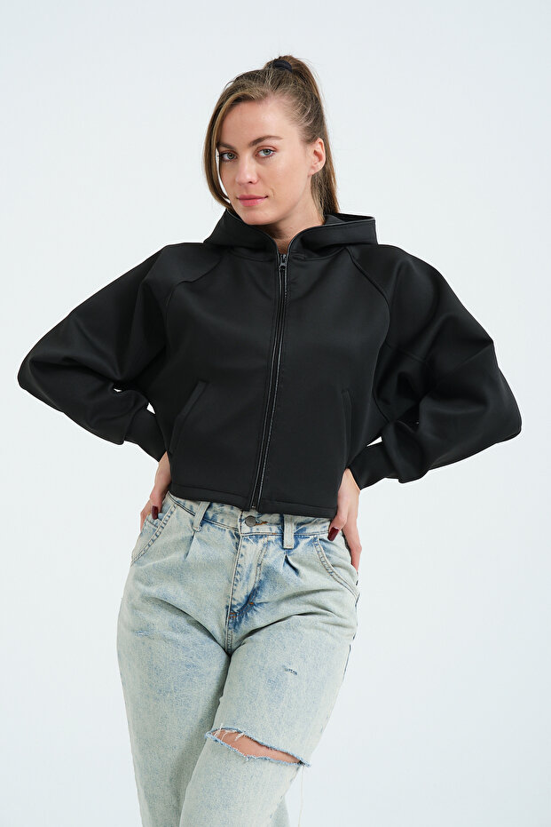 Women's Black Sucuba Zippered Hooded Jacket