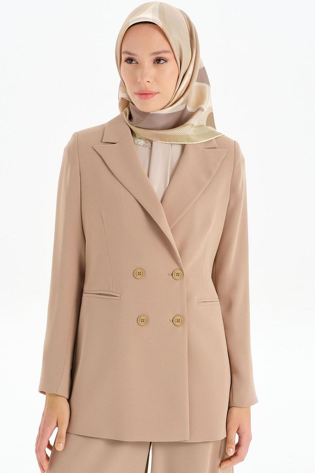 Kruvaze Basic Ceket - Bej - 5