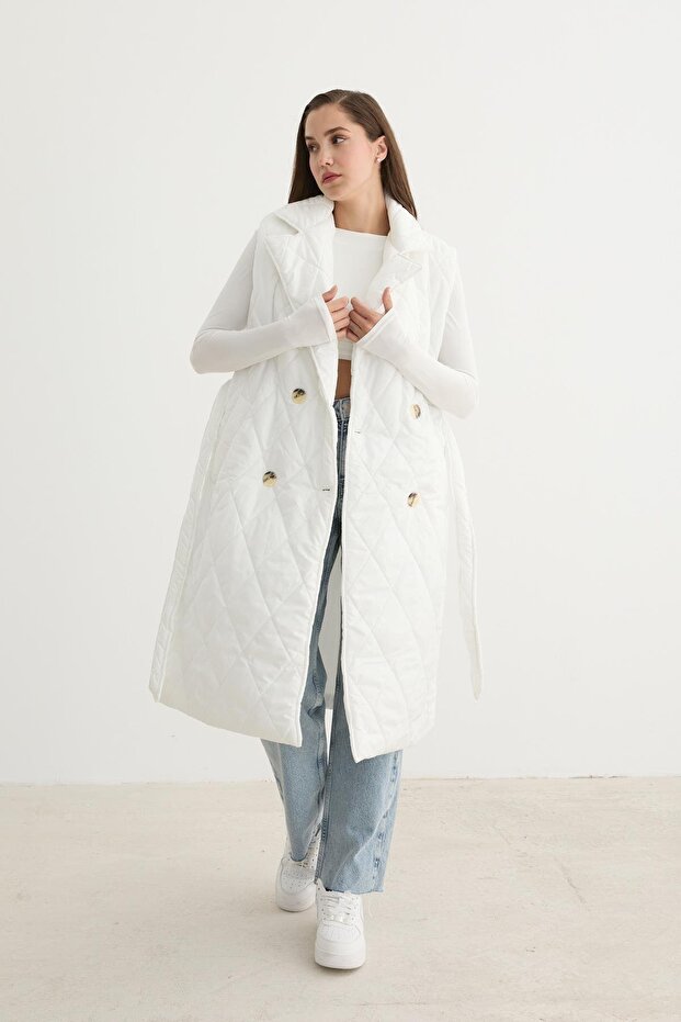 Önü Düğmeli Beli Kuşak Detaylı Kapitone Yelek EKRU - 1