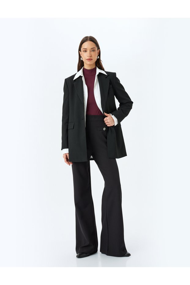 Button Applique Detailed High Waist Extra Long Wide Leg Fabric Trousers