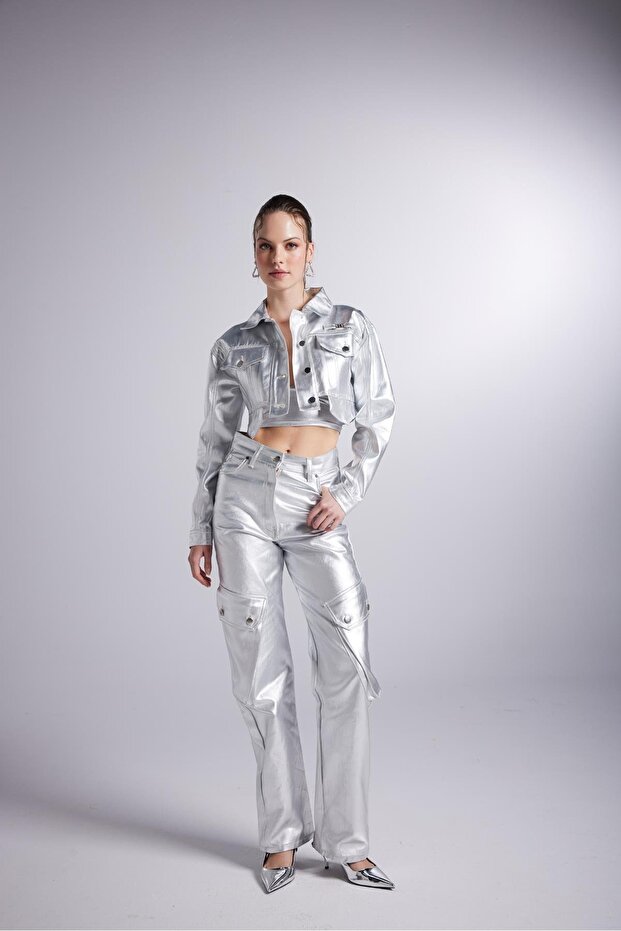Foil Coated Cargo Pocket Millen Trousers Gray