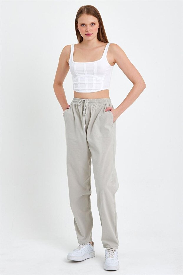 Gray High Waist Elastic Waist Linen Trousers