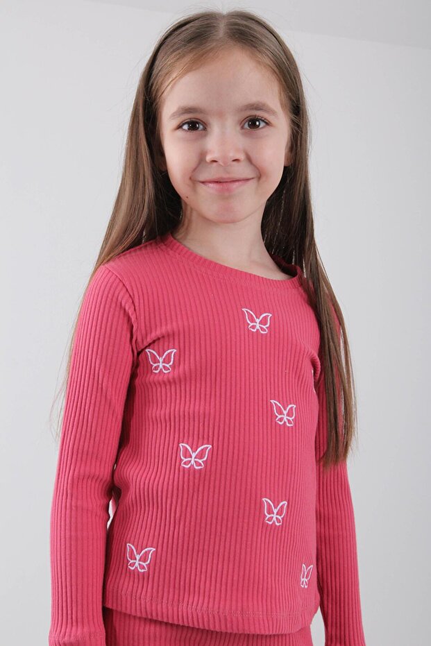 100% cotton little butterfly embroidered girl's sweatshirt - dusty rose