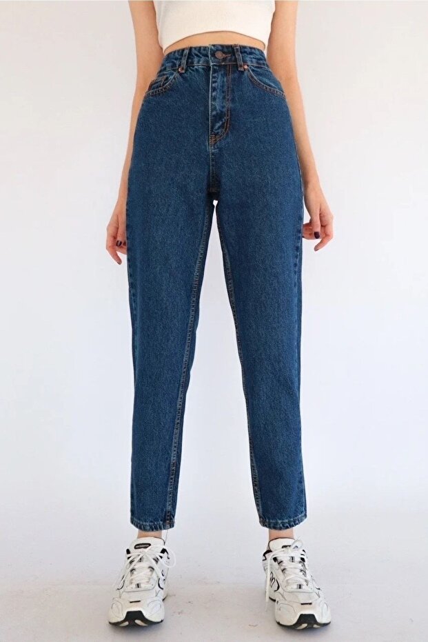 Dark Blue Mom Jeans Lycra High Waist Blue Snow Washed Mom Jeans
