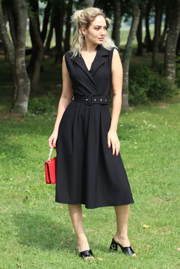 Women's Black Stretchy Fabric Double Breasted Collar Belt Detailed Pleated Dress 59434