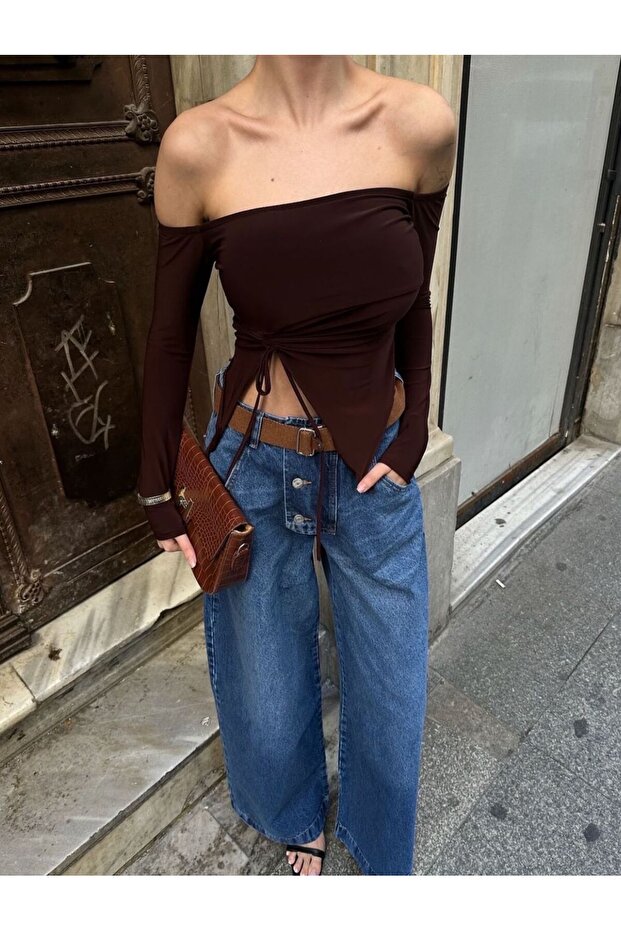 Women's Asymmetrical Front Gathered Long Sleeve Strapless Neckline Crop Blouse