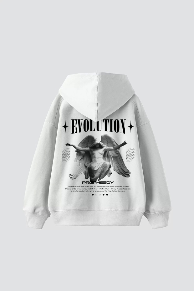 هودي أبيض بغطاء للرأس مقاس كبير للجنسين مطبوع عليه Evolution