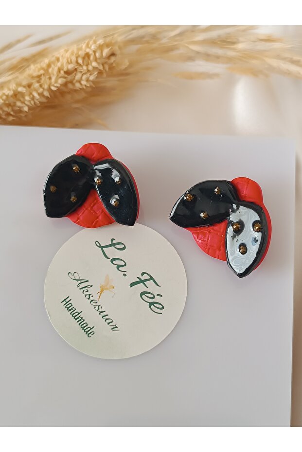 Steel Needle Earrings - Luck - Red & Black Ladybug Handmade Polymer Clay Earrings
