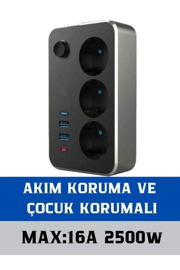 Akım Korumalı / 2 X Usb - 1 X Type-c Girişli / 3'lü Priz Uzatma Kablosu 2mt - 1