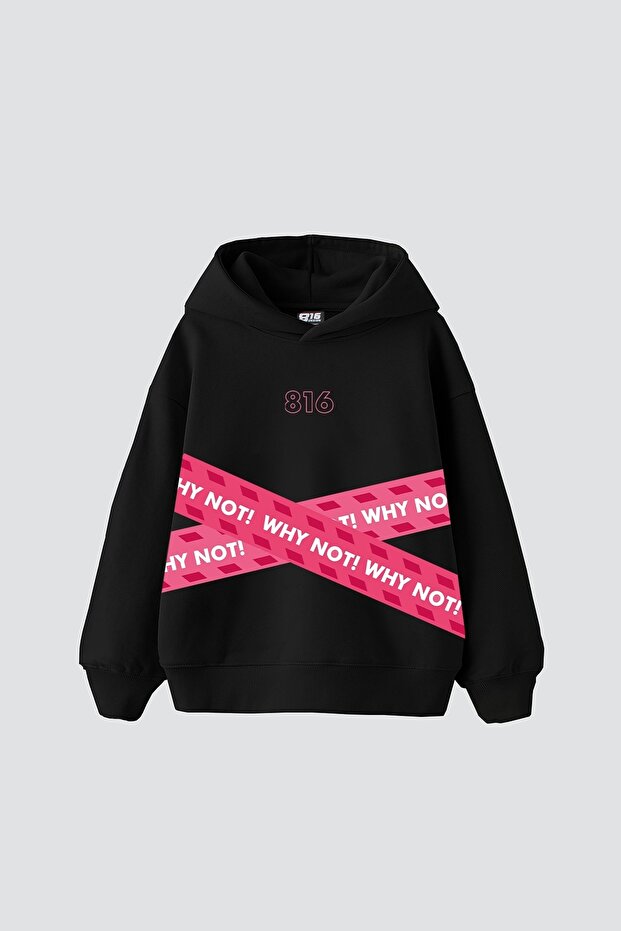 Why Not V2 Pink Printed Oversize Unisex Premium Black Hoodie