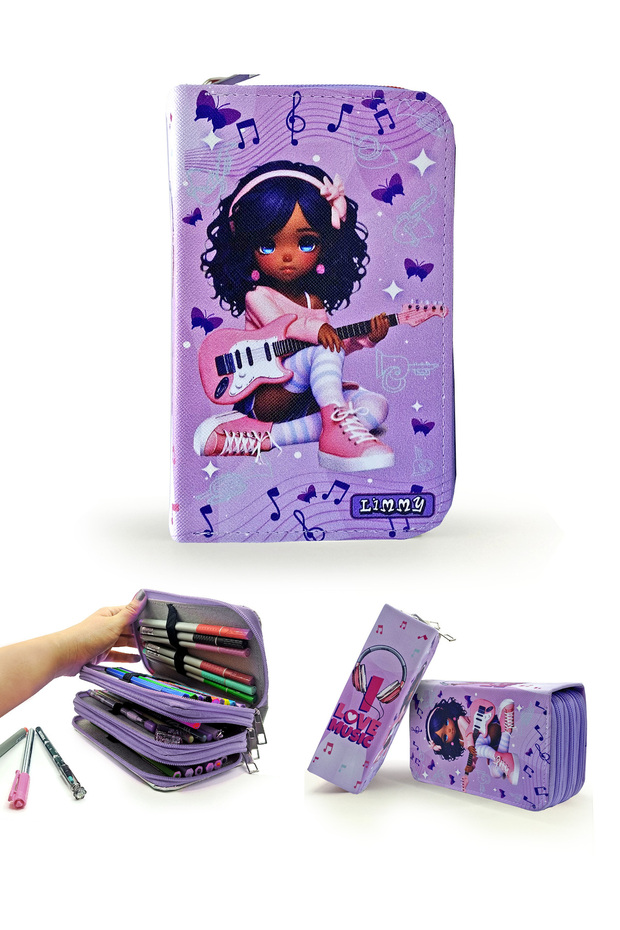 Pencil Case Girl with Guitar Music Kawai Organizer Pencil Case Vegan Leather Three Compartment Pen Holder -Purple