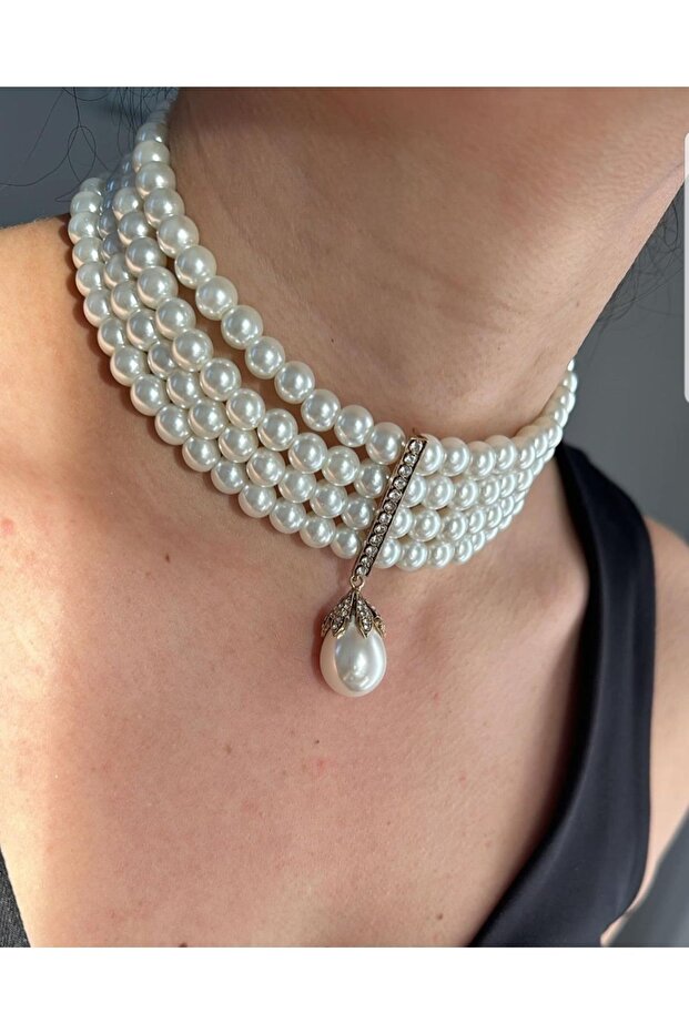 Women's Bijouterie Necklace - 4 Row Glass Pearl Design Choker, Hürrem Sultan Model Bronze Material Bridal