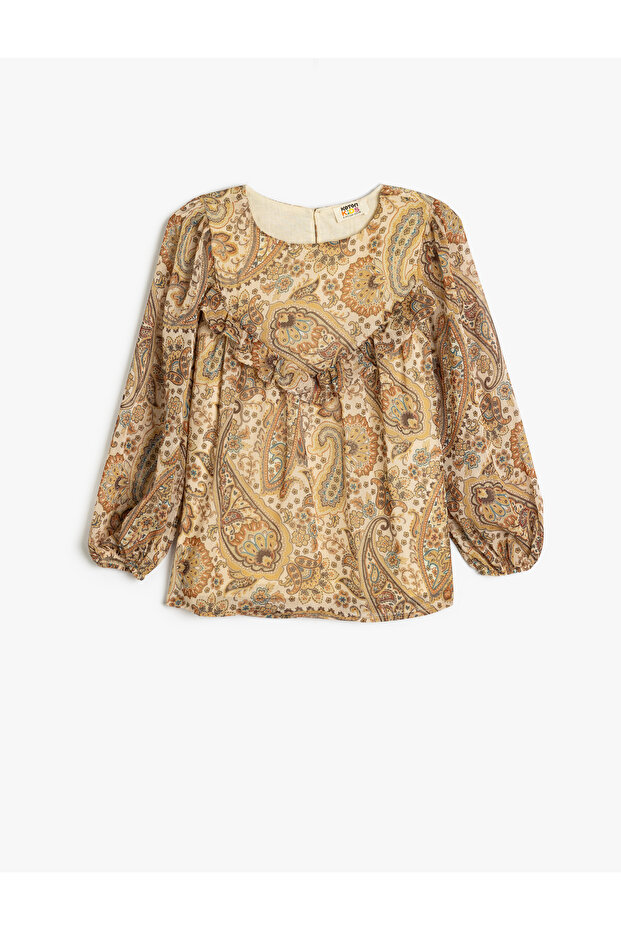 Ruffle Blouse Long Sleeve Round Neck Cuffs Elastic