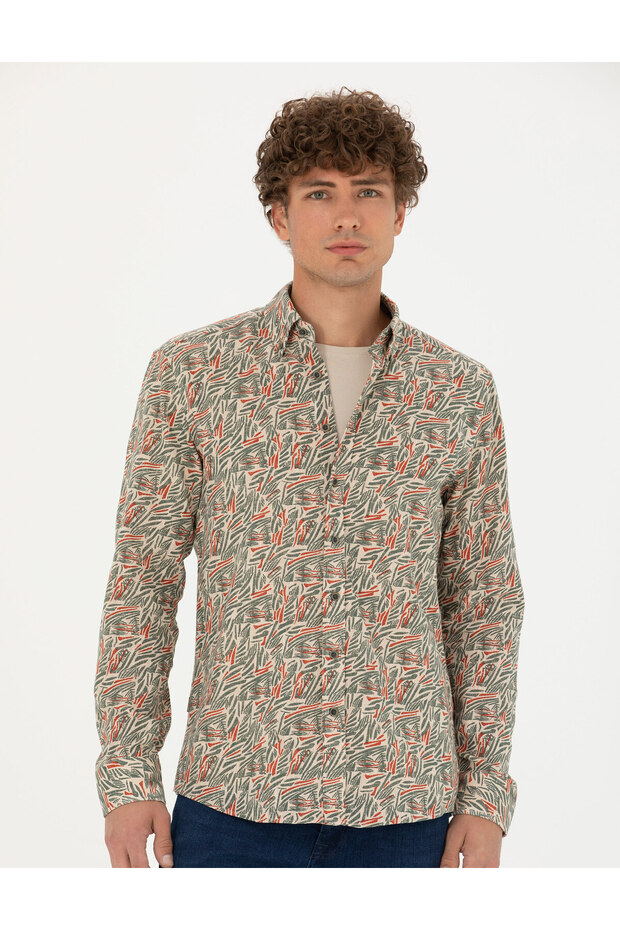 Khaki Slim Fit Long Sleeve Shirt 50274113-Vr027