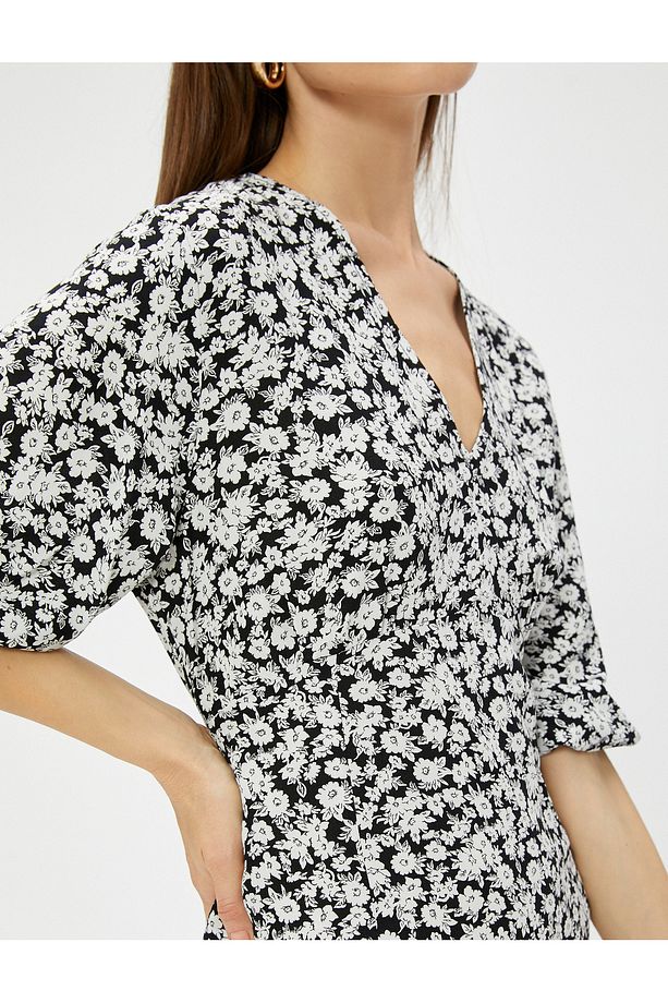 Mini Çiçekli Elbise V Yaka Kısa Kollu Ecovero® Viscose - 5