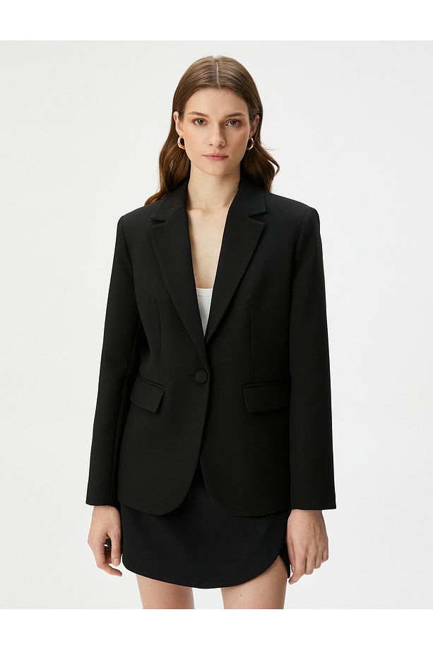 Blazer Ceket Tek Düğmeli Kapaklı Cepli - 3