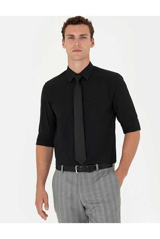 Black Slim Fit Long Sleeve Classic Shirt 50275816 -Vr046