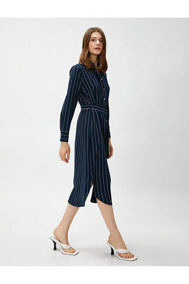 Midi Length Shirt Dress with Belted Slit