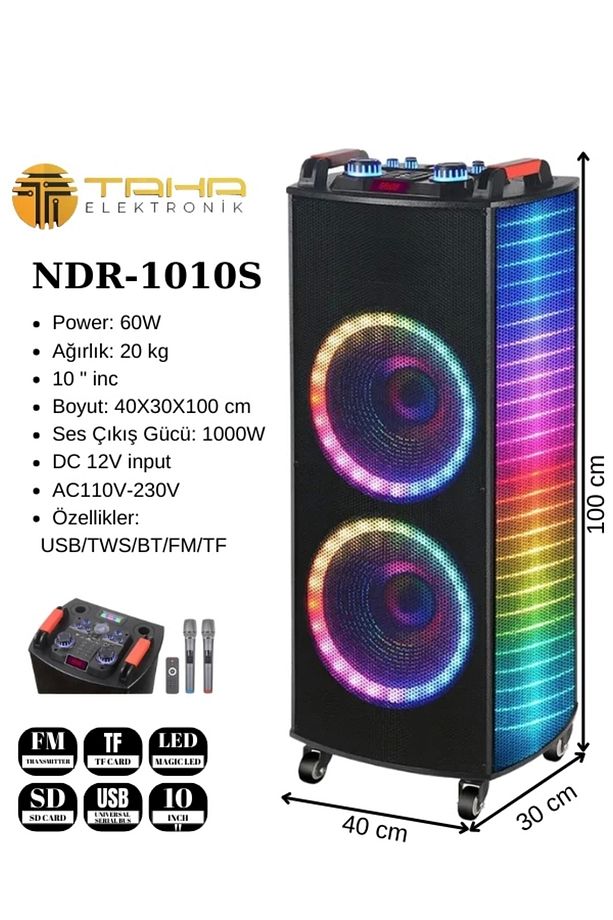 Ndr-1010S Taşınabilir 10 İnç 100w Tekerli Rgb Bluetooth Mikrofonlu Parti Hoparlör - 1