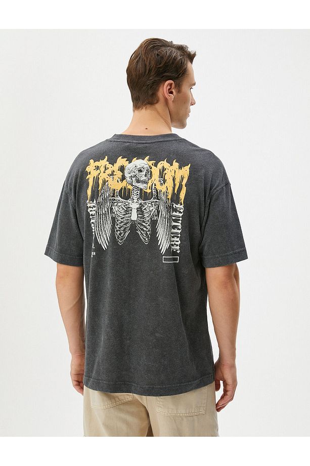 Oversize Yıkamalı Tişört Slogan Baskılı Bisiklet Yaka - 4