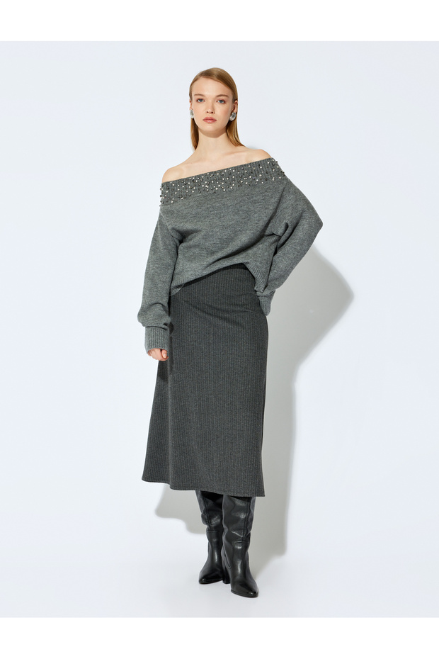 X Selected by Şahika Ercümen - A-Line Striped Midi Skirt with Metal Thread Detail