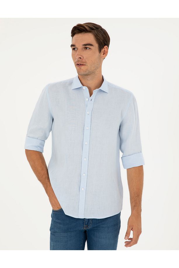 Açık Mavi Keten Regular Fit Uzun Kollu Gömlek 50284915-VR095 - 3