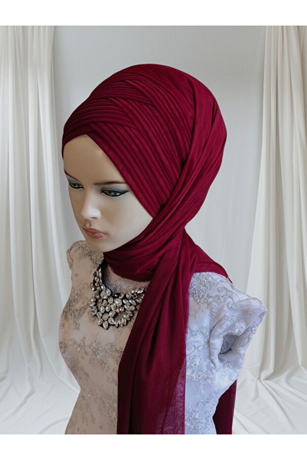 Burgundy Sevda Model Ready Turban Ready Wrap Evening Dress Wrap