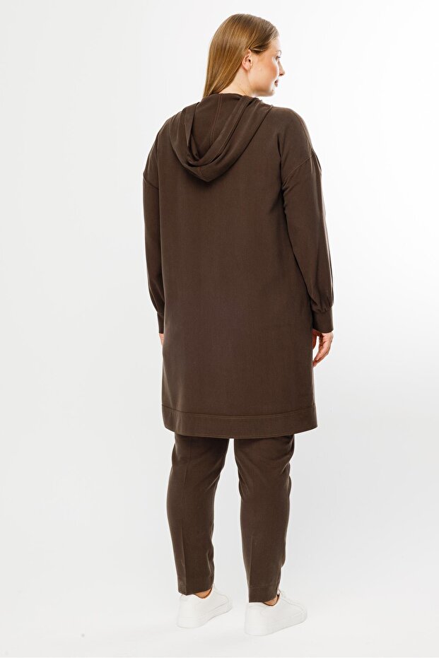 Modailgi Kapüşonlu Baskılı Tunik Kahve - 7