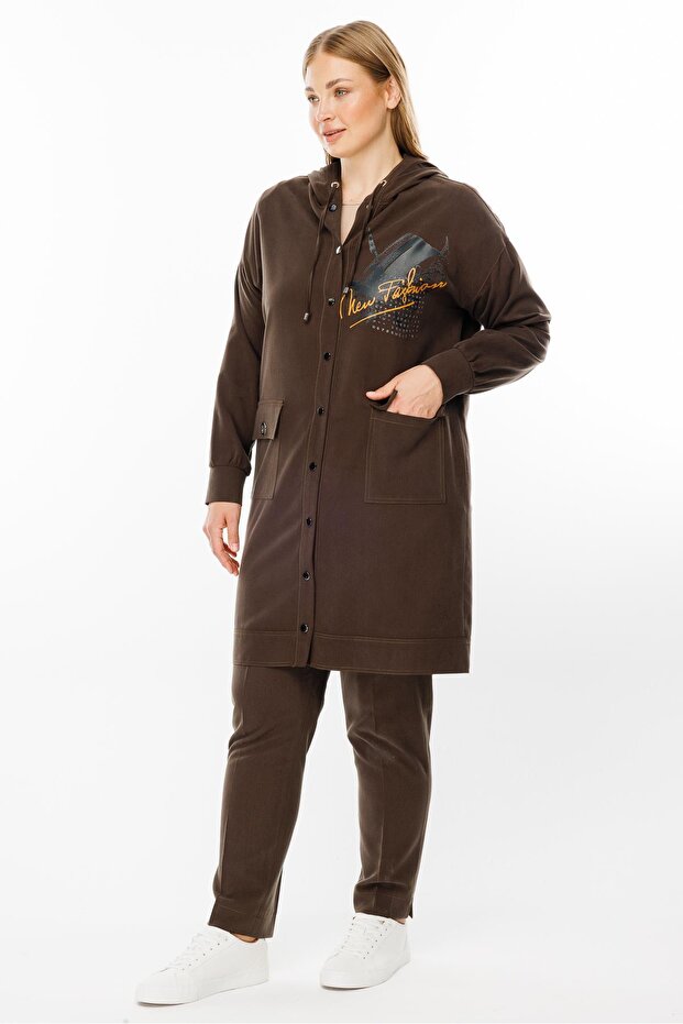 Modailgi Kapüşonlu Baskılı Tunik Kahve - 3