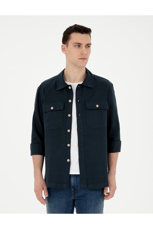 Navy Blue Linen Comfort Fit Long Sleeve Shirt 50287504 -Vr033