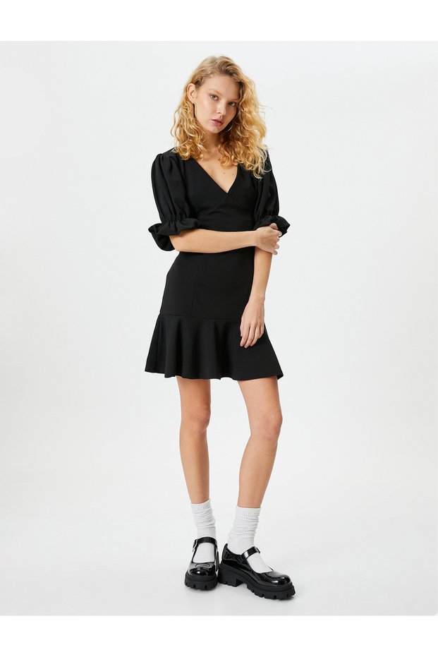 Mini Ruffle Dress V-Neck Short Sleeve Zipper Back