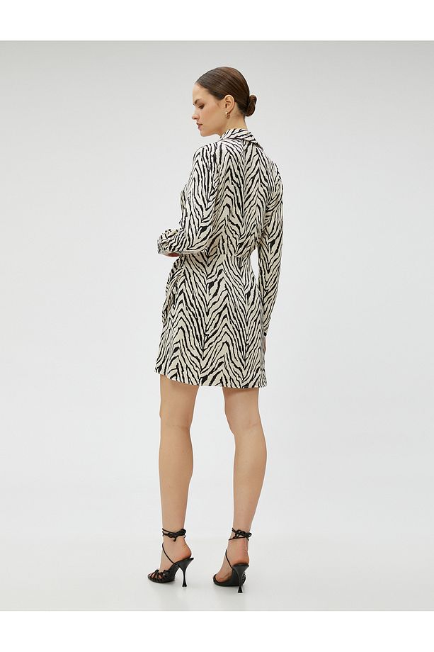 Zebra Desenli Mini Elbise Viskon Uzun Kollu - 4