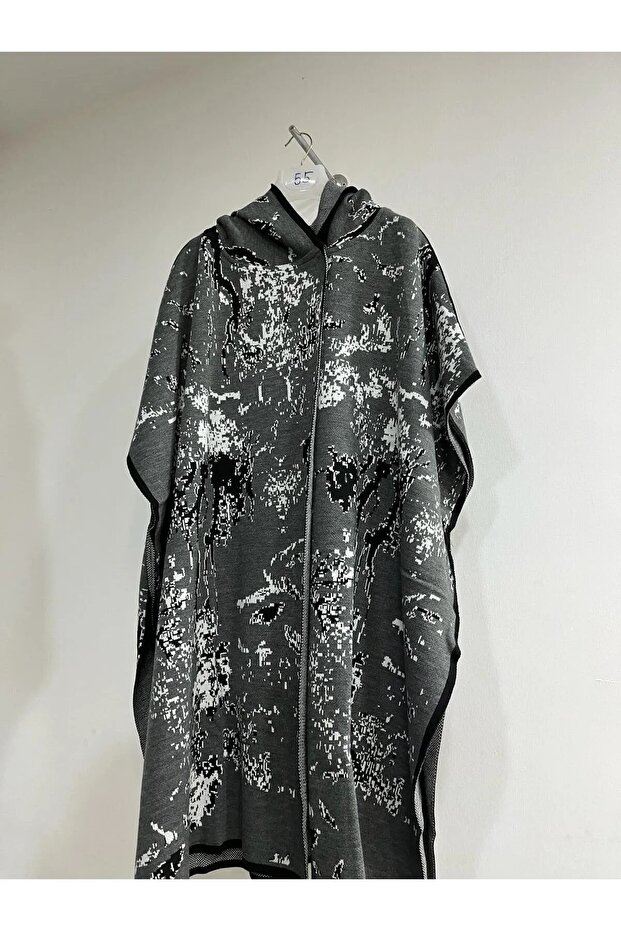 Kadın Kapüşonlu Desenli Triko Panço - 1